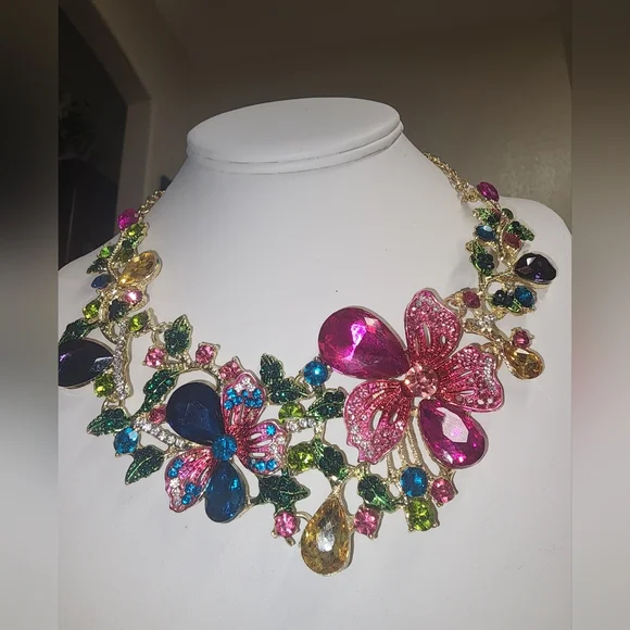 Betsey Johnson Floral Garden Bib Statement Necklace with Multicolor Crystals - Picture 3 of 7